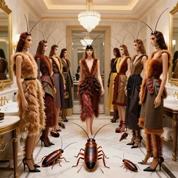 cockroaches organizing a fashion show, clothes made of cockroaches, inside a carmin bathroom, cockroaches dressed as models, cockroaches modelling, inside the budapest hotel, five star fashion show, trending in fashion magazines.