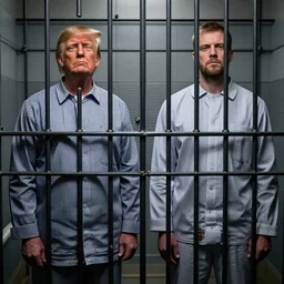 trump in prison, striped outfit, mads berg, karolis strautniekas, stippled light, dramatic lighting, fine texutre, editorial illustration, matte print, prison cell bars, realism, film noir, dark blue + dark orange + orange + beige + black + white, dynamic composition, moody, dynamic pose