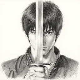 portrait of a hero holding his sword in front of his face by yoji shinkawa, high quality, extra details, realism, pencil art