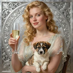 blonde woman with glass of champagne in her hand and farmdog puppy on her lap. silver filigree background. art by louis theophile hingre and alphonse mucha