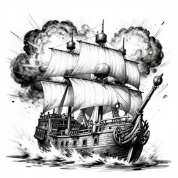 highly detailed ink action photography of an explosion on a pirate ship, fast shutter speed, high speed, action photo, 1 / 1 0 0 0 sec shutter, vfx particle simulation, octane render, b & w clean shaped illustration by kim jung gi, ric estrada, and eiichiro oda