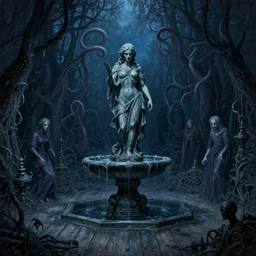 gothic garden, wooden floor, statue, fountain, darkness, evil, creepy, science, 1 9 century, hard atmosphere, lovercraft, insmouth, tentacles, artwork, paint, blue tones, detailed, by bastien lecouffe deharme, by jeremy mann, by alexander fedosav