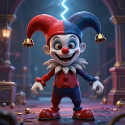 the evil jester smirking wearing cap with bells, lovecraft scene, full body, 3 d, intricate details, by vincent di fate, smooth gradients, octane render, 8 k, dynamic lightning, depth of field, coherent face, vivid colors