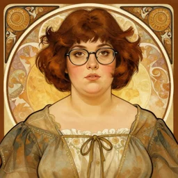 portrait of a heavy stocky petite romanian woman, brown hair, messy bob, brown eyes, romanian, glasses, wide shot, digital art, alphonse mucha, loish, 8 k, trending on artstation