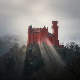 A red castle sits atop of massive hill, ambient, foggy, god rays, 4k