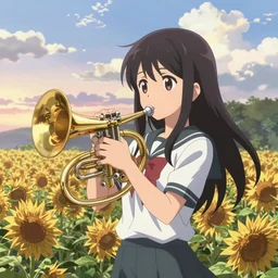 kumiko Oumae in Anime style Surrounded by a field of Euphoniums during a partly cloudy sunset featuring Reina Kousaka