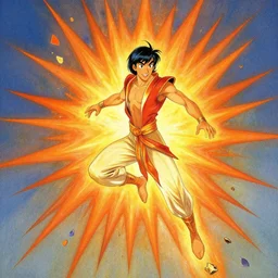 aladdin, orange spike aura in motion, floating pieces, painted art by tsuyoshi nagano, greg rutkowski, artgerm, alphonse mucha, spike painting
