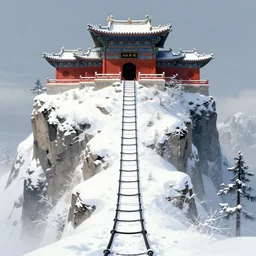 cyberpunk shaolin monastery on snowy mountain, rope ladder, black rope everywhere, trending on artstation, by frank frazetta, by john constable, by pieter bruegel the elder, concept art, digital art, cool color palette, 8 k, sad, incandescent, cinematic lighting, ray tracing global illumination, ray traced, ray tracing ambient occlusion, insanely detailed and intricate, hypermaximalist, elegant, ornate, hyper realistic, super detailed