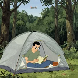 man with eye glasses reading in a tent in the forest. plane in the sky far away. artwork by moebius