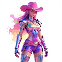 disintigrating synthwave cowgirl, character design, bright colors, illusion, metallic, armor, stunning, breathtaking, digital render, line art, unreal engine, de - noise, 8 k, volumetric lighting, detailed contrast, scattered mist, glow, rim light by sakimi chan