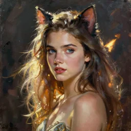 catgirl rachel mcadams, oil painting, Tooth Wu, Greg Rutkowski, RPG portrait, dynamic lighting, fantasy art, High contrast, depth of field