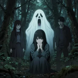 in the style of sui ishida, junji ito, rafael albuquerque, transparent ghost screaming, in the woods, moody lighting