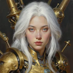 a painting of a woman with white hair, golden machinery, a character portrait by pogus caesar, featured on cgsociety, photorealism, detailed painting, artstation hd, ultra detailed