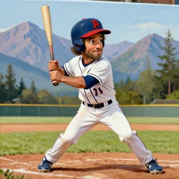 a closeup photorealistic photograph of bob ross themed kenny powers playing baseball, painting on a canvas. mountains and trees. film still. brightly lit scene. this 4 k hd image is trending on artstation, featured on behance, well - rendered, extra crisp, features intricate detail, epic composition and the style of unreal engine.