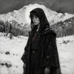 berry priestess of the snowy mountains. oil painting by award - winning indie comic book artist, chiaroscuro, intricate details, bokeh, backlighting, field of depth, safe for work