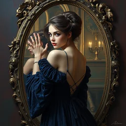 an intricate artistic pose painting of a beautiful young victorian lady looking through a baroque mirror with an artistic pose wearing a beautiful velvet dress, hyper detailed, octane render, vivid colors, artstation, by jeremy mann, alphonse mucha, by boris vallejo