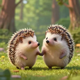 3d render of two hedgehogs in a forest, romantic, holding paws, walking together