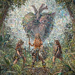 armoured ginger dwaven women wielding a hammer and shield, jungle clearing, awesome floating mountain in the shape of a human heart. 4k realism distant landscape