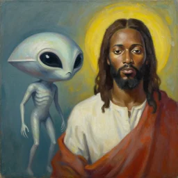an alien craft beside an African Jesus, portrait painting by Hsiao-Ron Cheng,