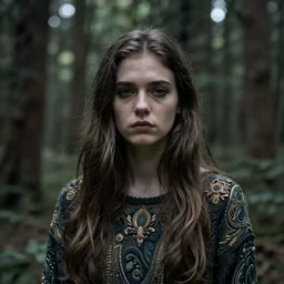 portrait, woman, in a forest, sad, lost, mysterious, intricate details, sharp focus, art by wlop, trending on artstation, deviantart