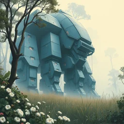 grainy risograph matte painting of gigantic huge mech covered with wounds, blue, exotic vegetation, trees, flowers, tall grass, pastel matte colors, staying in the foggy huge swamp covered with web and cotton, fireflies, by moebius, kim jung gi, hyperrealism, intricate detailed