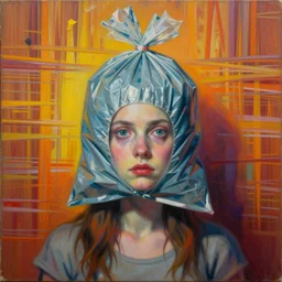 girl with trash bag on head, grotesque, doomed, blurred, high resolution, gouache on canvas, ultra detailed, vibrant colors, wrapped thermal background, art by francis bacon