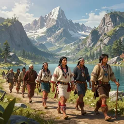 highly detailed image of a group of indigenous travelers, walking in a line, traditional clothing, unreal engine, fantasy art by greg rutkowski, mountains, lake, hunter, by greg rutkowski, cgsociety, ferdinand knab, rossdraws, tom bagshaw, global illumination, radiant light, detailed and intricate environment