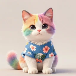 cute fluffy rainbow kitten is sitting sweetly while wearing Hawaiian t-shirt, simple background, digital art