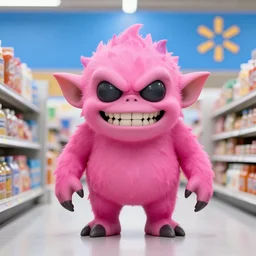 a photograph of a violence goblin in a pink walmart