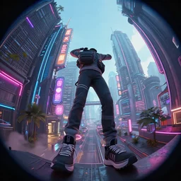 Gameplay screenshot. Octane Render. Masterpiece. First person GoPro headcam footage. Parkour through a neon sci-fi city. Limbs in view. Fisheye lense photograph.