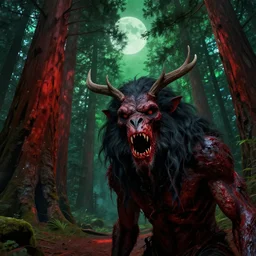 a bloody skinwalker with its lower jaw missing in the foreground, in the background albino red sequoia trees and a greeen moon above them, fantasy digital wallpaper