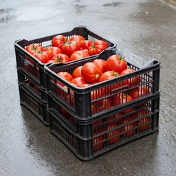 photo of medium crates of tomatoes, daylight, rainy, pavement, photography