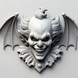 3d sculpt of a relief of a evil clown face with huge bat wings, skull, artstation, digital illustration, league of legends, dark souls
