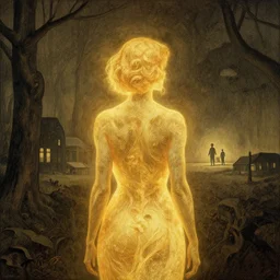 Woman masterpiece, golden glow from behind her, by Edgar Maxence and Ross Tran, Zdzisław Beksiński, and Michael Whelan, distant, gustav dore, H.R. Giger, 8k, octane render