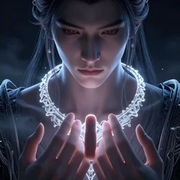 fingers, necklace, close up, around the neck : 6 character design : 2 midnight, illusion, stunning, breathtaking, majestic, asian fantasy, digital render, line art, unreal engine, de - noise, 8 k, volumetric lighting, symmetrical, pronounced features, detailed contrast, scattered mist, glow 3 d alejandro alvarez alena aenami