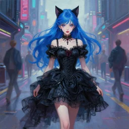 expressive oil painting, of gorgeous princess with pointy cat ears in black gothic frilly dress walking on cyberpunk street, pure innocent look, blue hair, glamour shot, by yoshitaka amano, by greg rutkowski, by jeremyg lipkinng, by artgerm, digital art, octane render