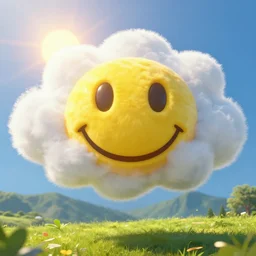fantastical vibrant smiley face shaped cloud with holes for eyes and mouth, in a nature scene by marc adamus, high definition, sun breaking behind the smiley face, cheerful, bouncing, stunning, unforgettable