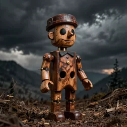 hyper realistic photography of horrific old wooden ventriloquist puppet