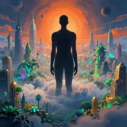 massive large human dark black unassuming figure in center of psychdelic city tranquil dreamworld in the clouds, surrealist and abstract digital art trending on artstation by artist Rob Gonsalves and Mark Riddick supreme peace immense knowledge black neon orange bright blue verdant plant green gold dmt art