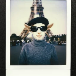 a goat wearing a turtleneck, beret and sunglasses, paris 2010, polaroid photo