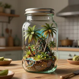 a tropical island inside a glass jar!! standing on a kitchen table, with a metal lid, intricate, highly detailed, volumentric lighting, hyperrealistic, octane render 8 k, specular highlights, subsurface scattering, artstation, cgsociety, painting by greg rutkowski, artgerm, wlop
