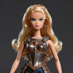 the Greek godess Barbie doll looking angry, rusty armor, portrait, by Donato Giancola