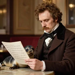 professional fine detailed photo portrait of a man resembling franz schubert sitting at the cafe with a seal pup and reading musical sheet, franz schubert look alike, seal pup, rich colors, professional iphone photo, 4 k photo, instagram, realistic photo, detailed photo, very beautiful photo