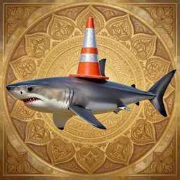 great white shark, side view, with a silver and orange striped conical traffic cone construction cone on its dorsal fin, mandala background - ron cheng & alphonse mucha, highly detailed, digital painting, ray tracing, concept art, illustration, smooth sharp focus, intricate, symmetry, artstation,