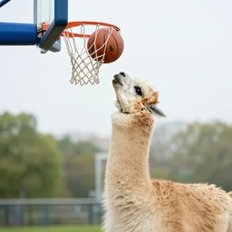 a photo of a llama dunking a basketball, 4 k, photography, high resolution