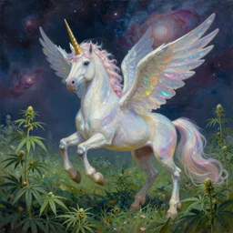 an iridescent unicorn with translucent wings frolicking in a field of marijuana, a nebula is in the sky, oil painting, fantasy art, concept art, highly detailed, high quality, 8 k, masterpiece