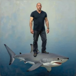 vin diesel stands on a shark, oil on canvas, naturalism