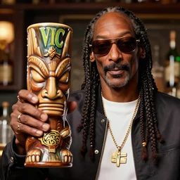 a closeup photorealistic photograph of snoop dogg holding a trader vic's snoop dogg tiki mug the bar. brightly lit scene. this 4 k hd image is trending on artstation, featured on behance, well - rendered, extra crisp, features intricate detail, epic composition and the style of unreal engine.