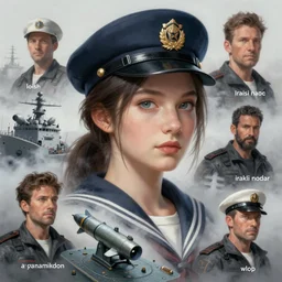 portrait of bluepunk redpunk navy girl, navy cap, warship board, missile, fog, highly detailed, digital painting, face detail, sharp focus, art, illustrations by loish and ayanamikodon and irakli nadar and rossdraws and wlop
