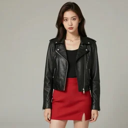 A girl in a leather jacket and a red skirt posing for the camera, Instagram photo, are bure boke, aesthetic